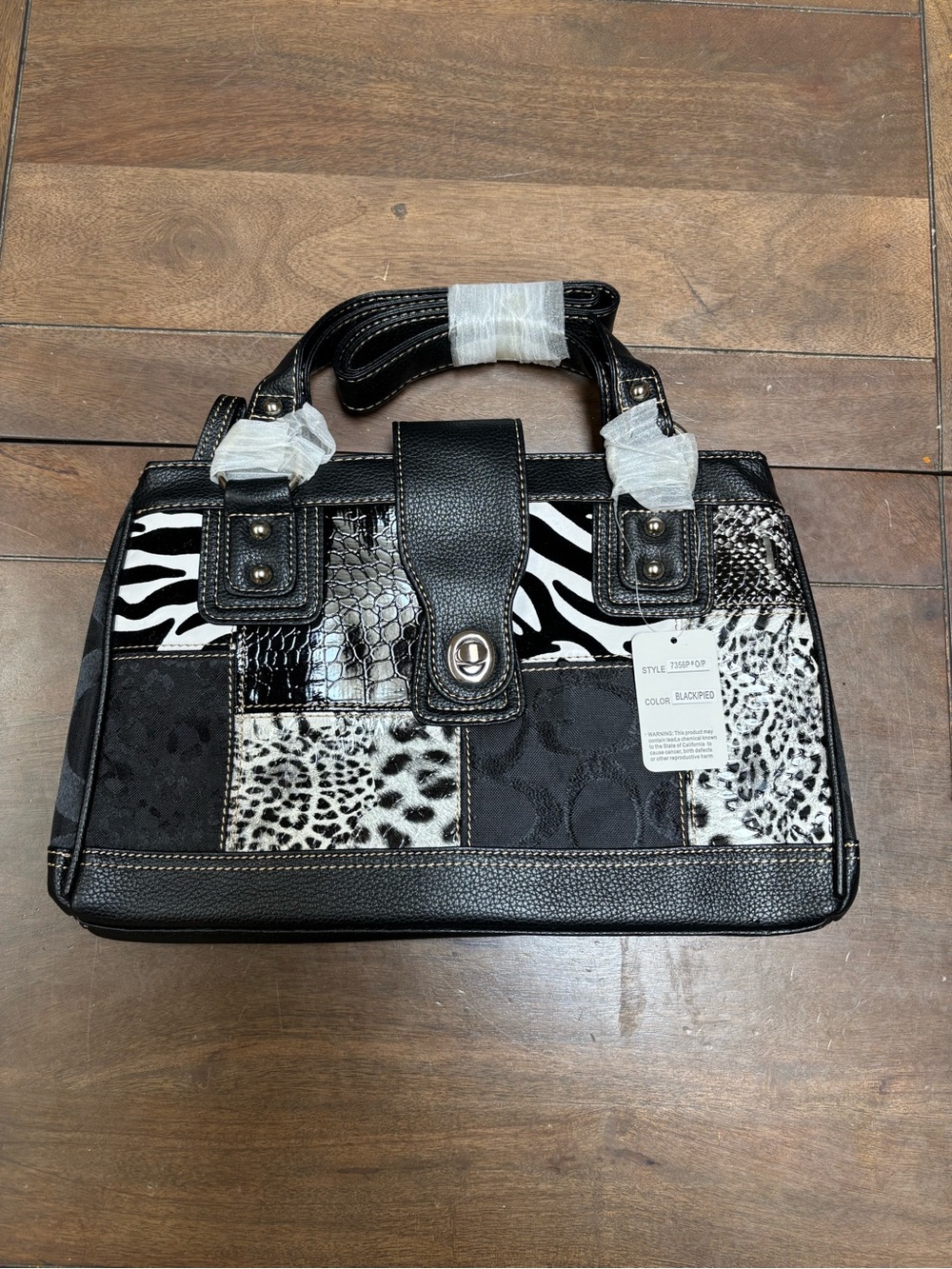 Black Patchwork Animal-Print Satchel Handbag